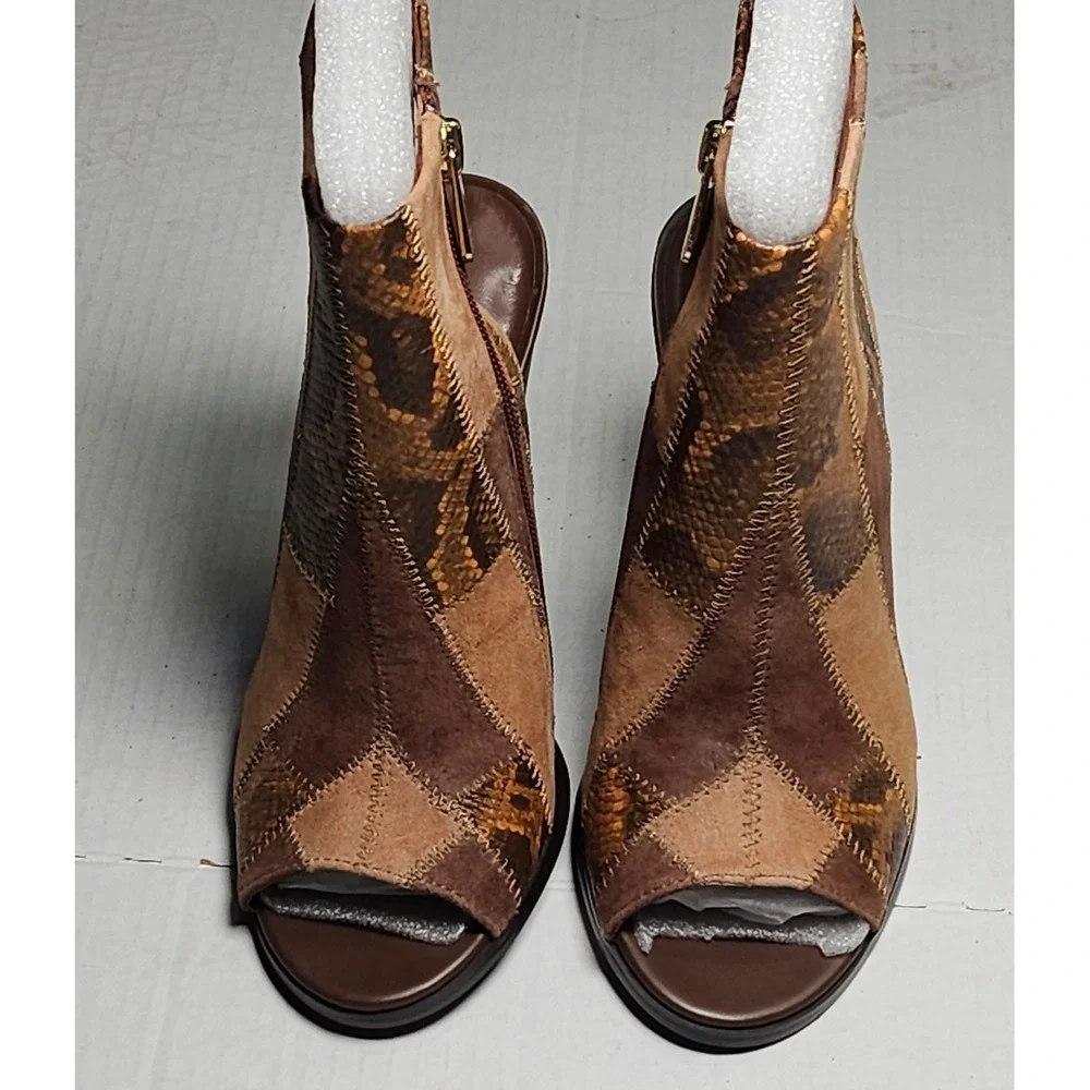C‎ Wonder Ivy Tan Brown Patchwork Snakeskin Suede Peep Toe Block Heel Booties 5M